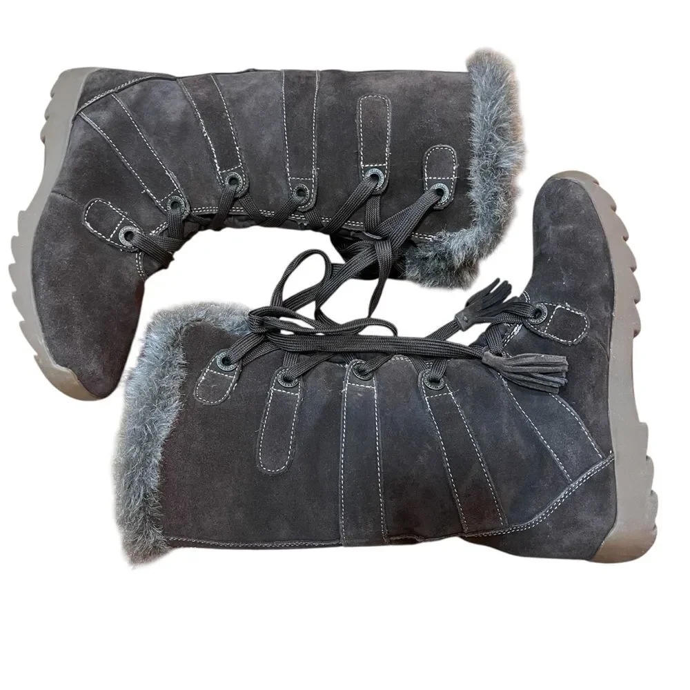 ZeroXposur Brown Suede Winter Boots Fur-Trimmed Tassel Tie Tall Warm